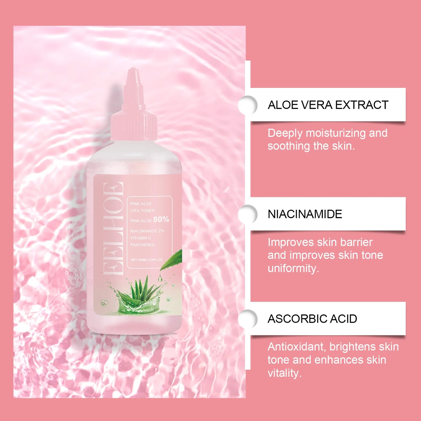 Eelhoe | Pink Aloe 80%, Niacinamide & Vitamin C Toner | Brightening, Hydrating & Soothing Care