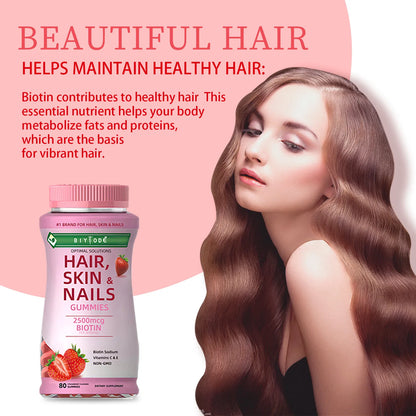 BIYYODĚ | Biotin Hair Gummies 2500mcg | Hair, Skin & Nails Support, Vitamins C & E, Non-GMO | 80 Gummies