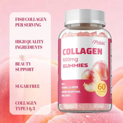 Pstalac | Collagen Gummies 600mg | Anti-Aging, Hair, Skin, Nails & Immune Support | 60 Gummies