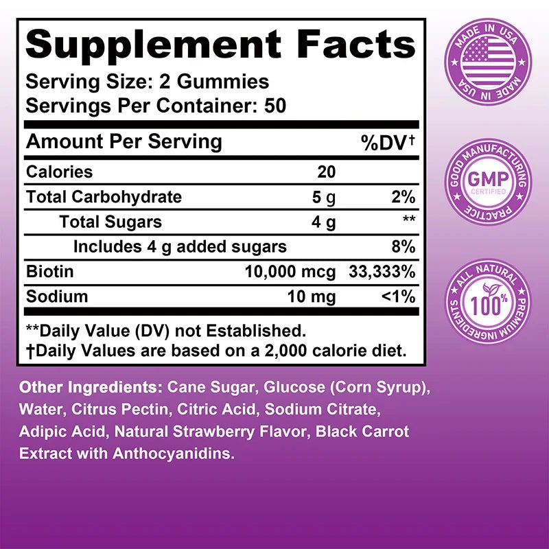 Buporai | Biotin Gummies| Hair, Skin & Nails, Immunity, Digestion Support | 100 Gummies
