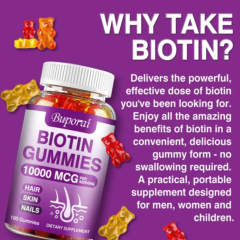 Buporai | Biotin Gummies| Hair, Skin & Nails, Immunity, Digestion Support | 100 Gummies