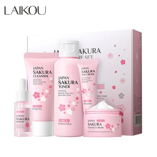 LAIKOU Sakura Skin Care Kit – 5-Piece Moisturizing & Brightening Facial Set with Niacinamide & Cherry Blossom Extract