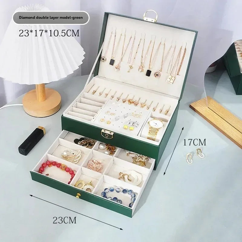 Diamond shaped three-layer lockable drawer jewelry box, household jewelry storage box, portable large capacity jewelry packaging