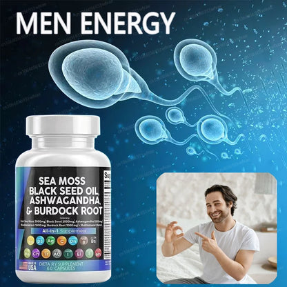 Sea Moss, Black Seed & Ashwagandha Capsules | Men's Health, Endurance & Immunity Support