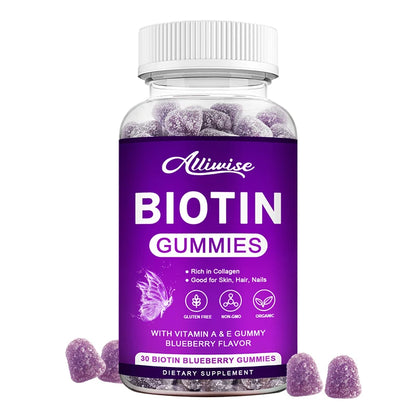 Allimise | Biotin Gummies with Collagen & Vitamins A & E | Hair Growth, Skin & Nails Support, Gluten-Free, Non-GMO | 60 Gummies
