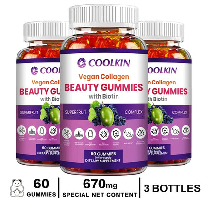 Coolkin | Beauty Gummies with Vegan Collagen & Biotin | Skin, Nail & Hair Health, Anti-Aging, Detox Support | 30 Gummies (15-Day Supply)