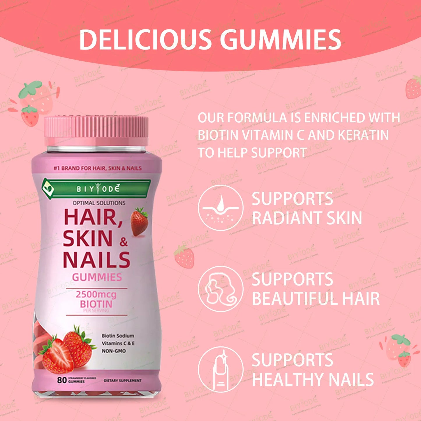 BIYYODĚ | Biotin Hair Gummies 2500mcg | Hair, Skin & Nails Support, Vitamins C & E, Non-GMO | 80 Gummies