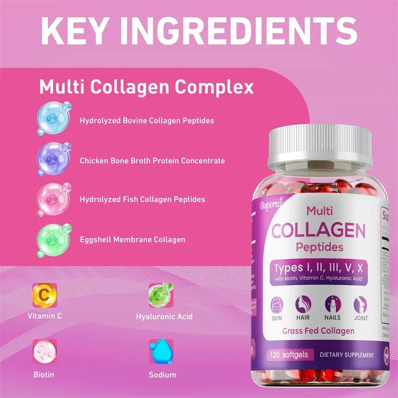 Buporai | Collagen Peptides with Biotin & Vitamin C | Skin, Hair, Nails, Joint & Digestion Support | 60 Capsules