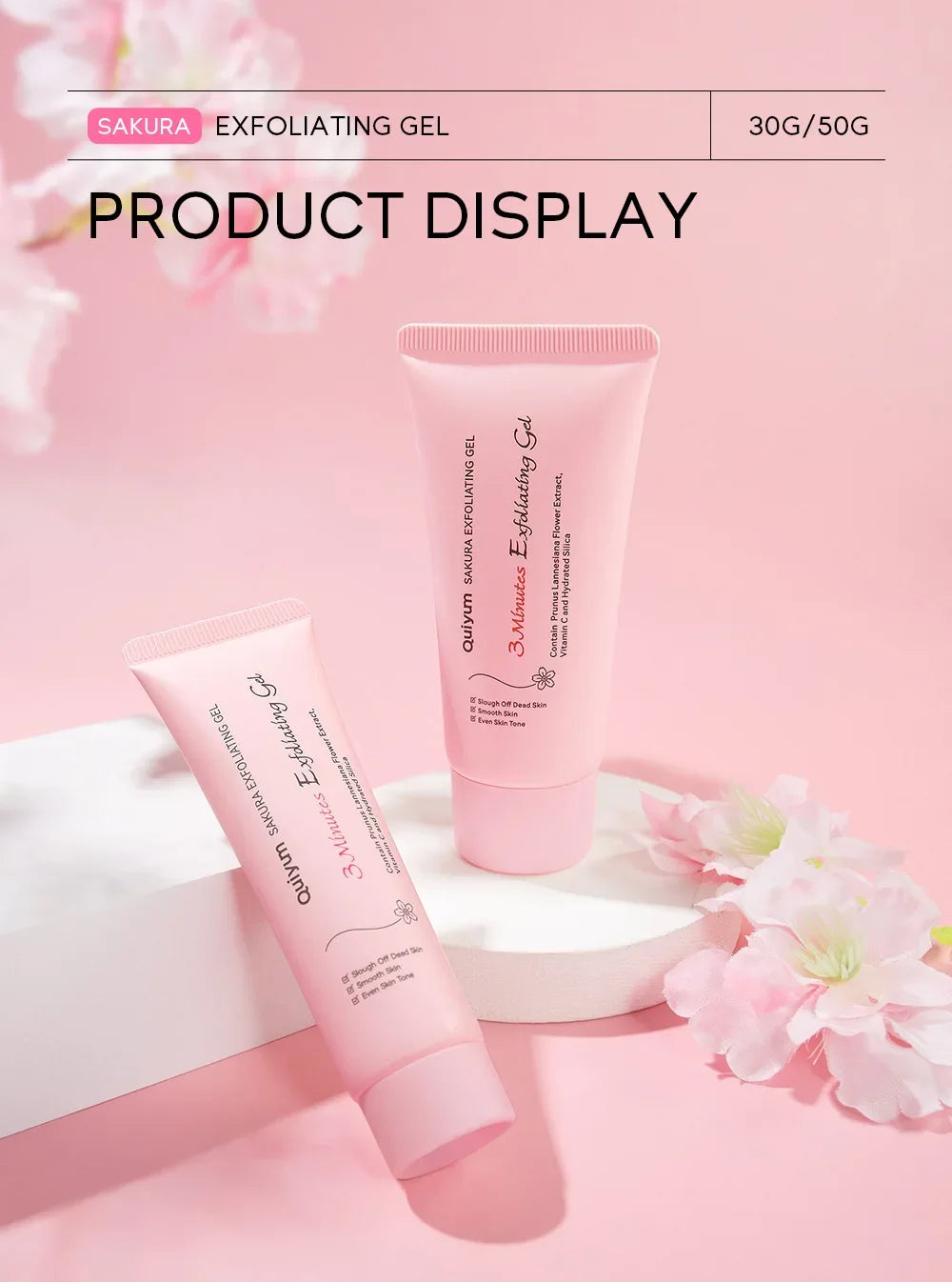 Quiyum Sakura Exfoliating Gel | Facial Scrub with Vitamin C & Prunus Lannesiana Extract | Moisturizing, Smoothing & Even Skin Tone | 50g