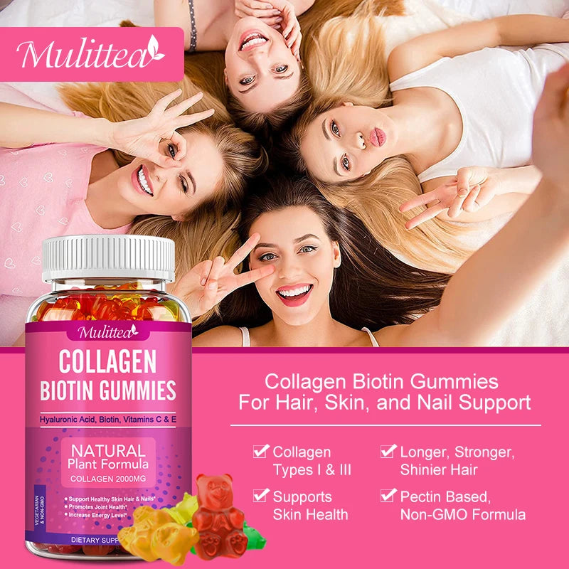 Mulittea | Collagen Biotin Gummies| Hair Growth, Skin Care, Nails, Joint Support | 60 Gummies