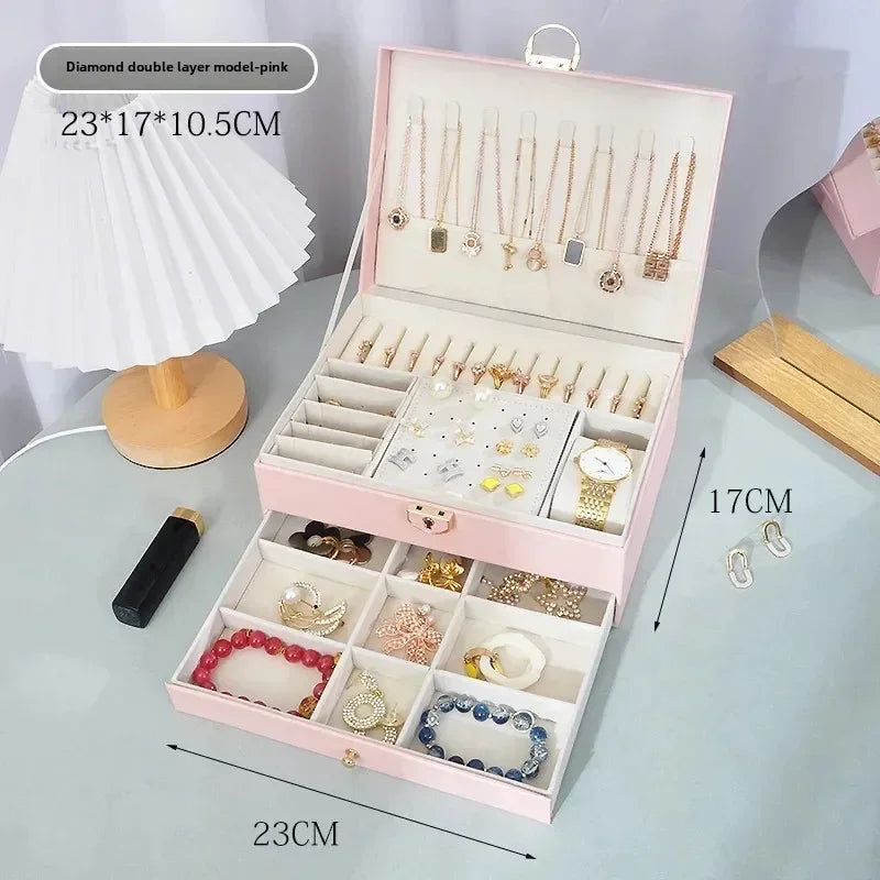 Diamond shaped three-layer lockable drawer jewelry box, household jewelry storage box, portable large capacity jewelry packaging