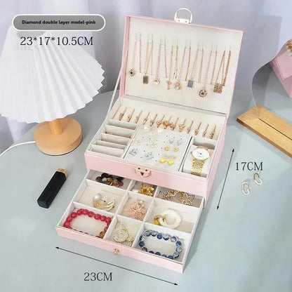 Diamond shaped three-layer lockable drawer jewelry box, household jewelry storage box, portable large capacity jewelry packaging