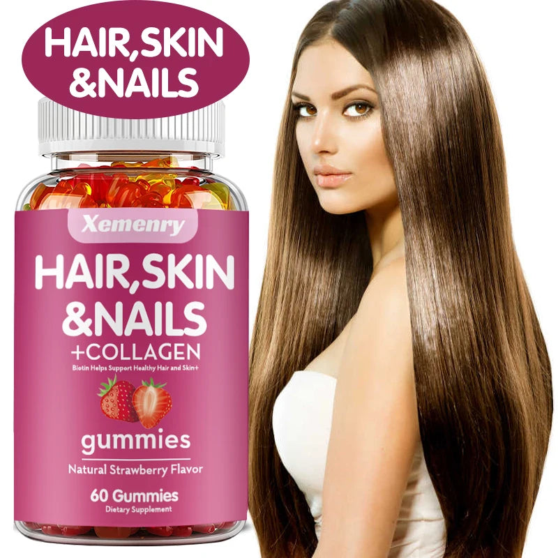 Xemenry | Hair, Skin & Nail Gummies with Biotin & Collagen | Supports Healthy Hair & Skin, Gluten-Free | 60 Gummies