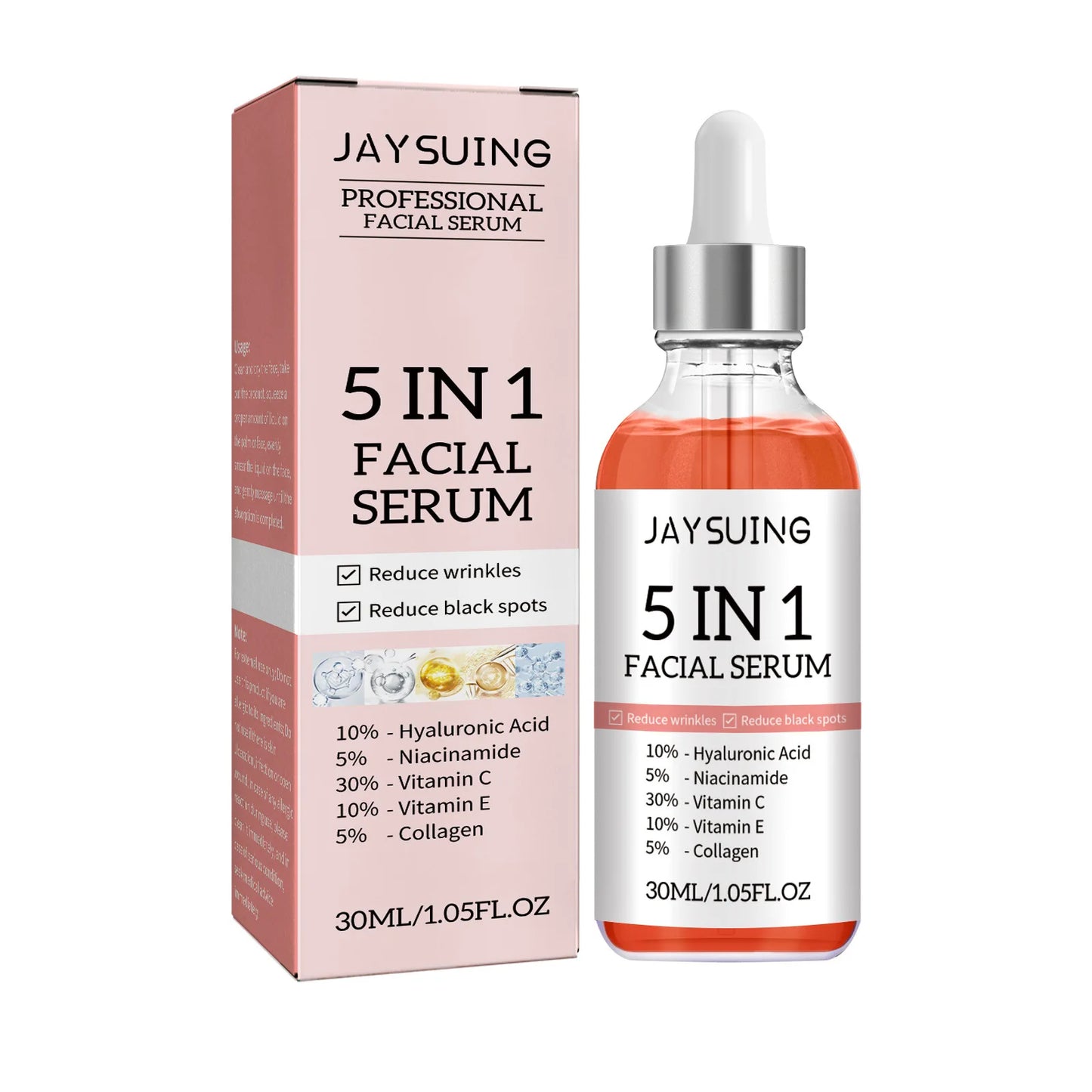 JAY SUING 5-in-1 Professional Facial Serum | Hyaluronic Acid, Vitamin C, Niacinamide, Collagen & Vitamin E | Anti-Wrinkle, Spot-Fading & Pore-Minimizing | 30ml