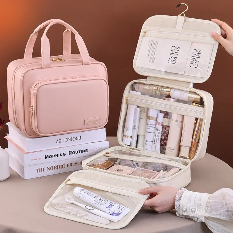 Large Capacity Women’s Travel Toiletry Bag,Foldable Multi-Compartment Cosmetic Organizer with Durable Zipper, Hook, Top Handle