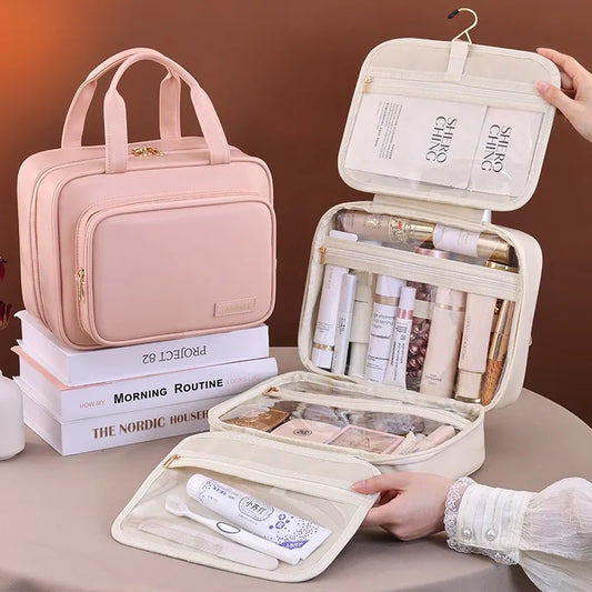 Large Capacity Women’s Travel Toiletry Bag,Foldable Multi-Compartment Cosmetic Organizer with Durable Zipper, Hook, Top Handle