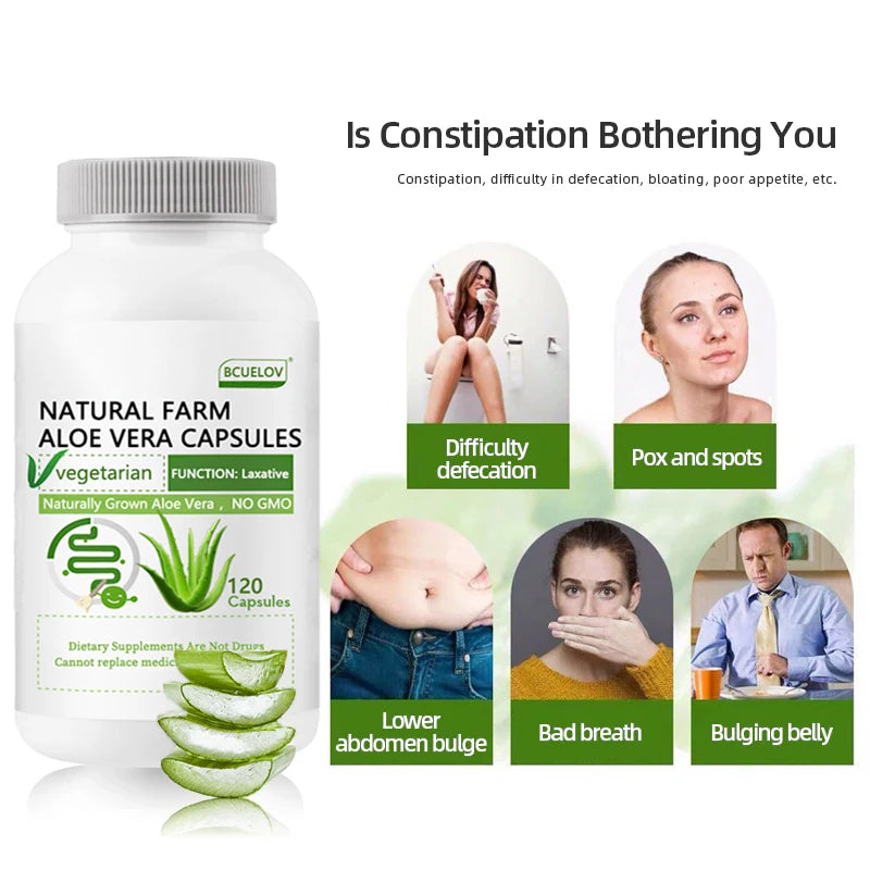 Bcuelov | Natural Farm Aloe Vera Capsules | Constipation Relief, Stomach Balance, GI Comfort | 120 Capsules