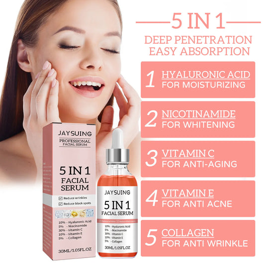 JAY SUING 5-in-1 Professional Facial Serum | Hyaluronic Acid, Vitamin C, Niacinamide, Collagen & Vitamin E | Anti-Wrinkle, Spot-Fading & Pore-Minimizing | 30ml