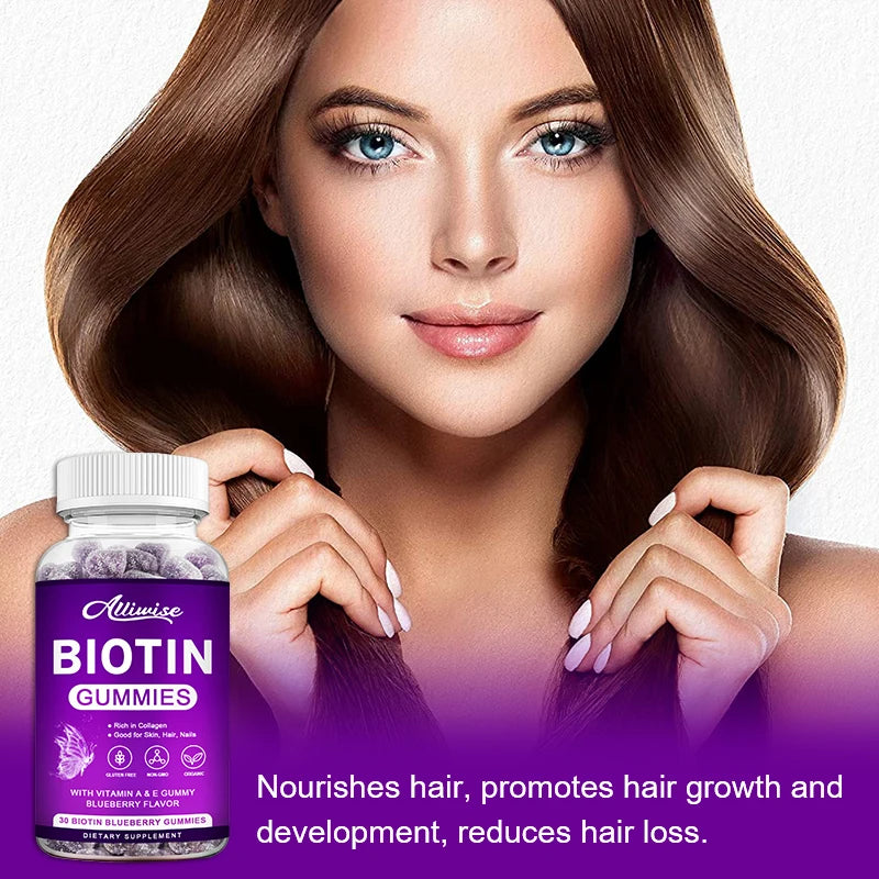 Allimise | Biotin Gummies with Collagen & Vitamins A & E | Hair Growth, Skin & Nails Support, Gluten-Free, Non-GMO | 60 Gummies