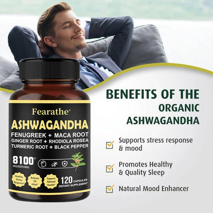 Fearathe | Ashwagandha Fenugreek Maca Turmeric Rhodiola Capsules | Sleep, Adrenal, Immune & Energy Support