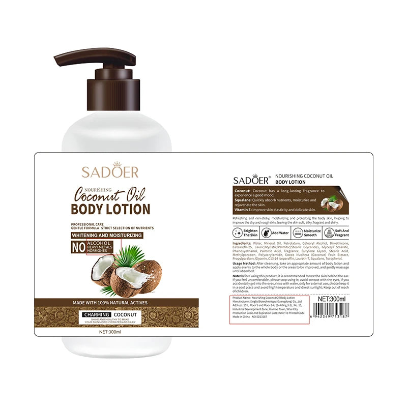 SADOER 300ML Coconut Deep Hydrating Moisturizing Body Lotion Long-Lasting Fragrance Natural Nourishing Cream With Shea Butter