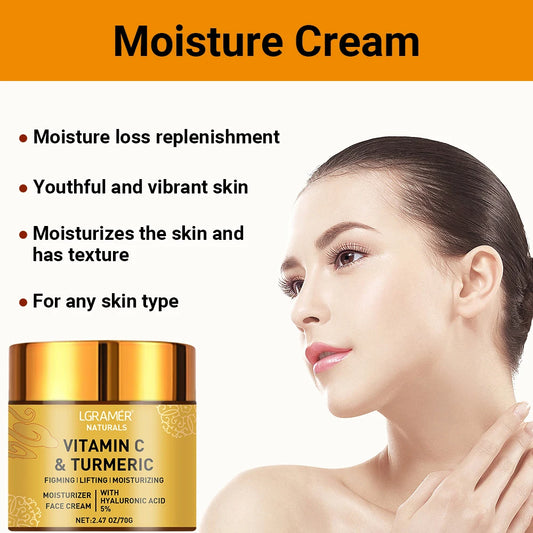 LGRAMÉR Naturals Turmeric & Vitamin C Face Cream | Retinol & 5% Hyaluronic Acid | Firming, Lifting, Moisturizing & Whitening Skincare | 70g