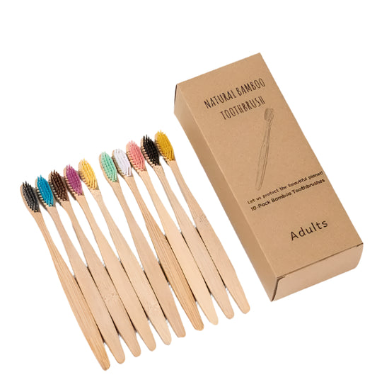 Bamboo, Natural Cowhide Wrap | Eco-Friendly Toothbrush Set| 10 Pcs