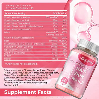 Buporai | Hair, Skin & Nails Gummies | Supports Hair Growth, Skin Care & Nail Health | 60 Gummies
