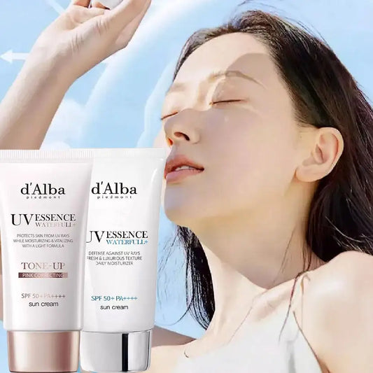 d'Alba UV Essence Waterfull+ Sunscreen SPF 50+ PA++++ | Full Body UV Protection, Hydrating & Tone-Up Pink Correcting Sun Cream | 50ml