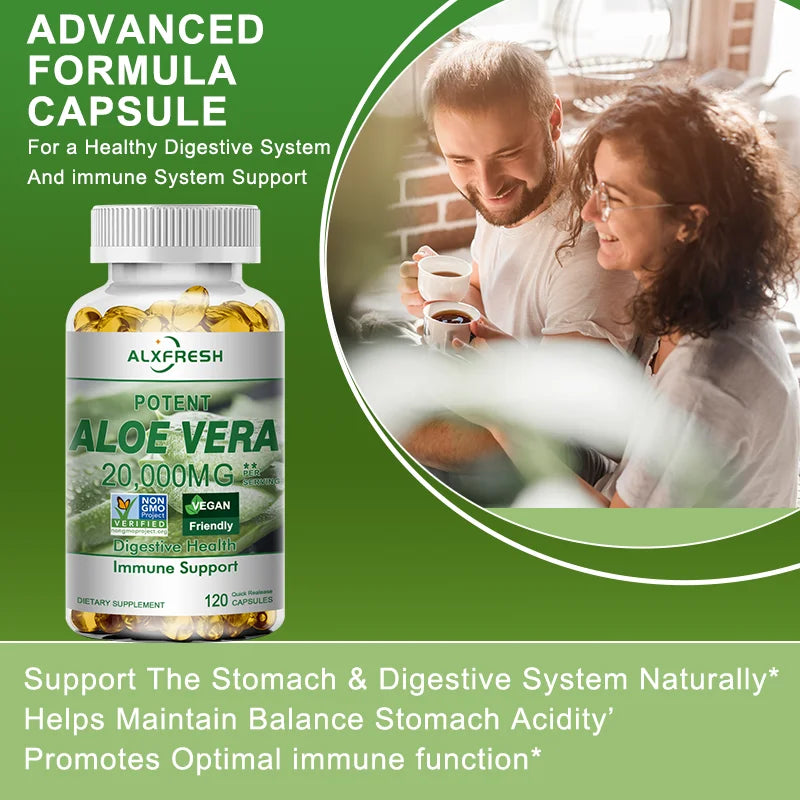 ALXFRESH | Aloe Vera 20,000mg Capsules | Digestive Health, Detox, Liver & Immune Support | 120 Capsules