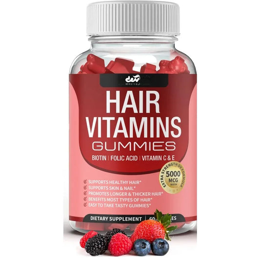 Hair Vitamin Gummies Supplement - Biotin, Folic Acid, Vitamin C and E | Supports Hair, Skin & Nails | Non-GMO | 60 Gummies