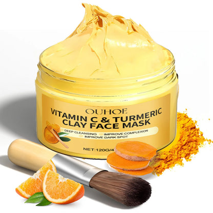 OUHOE Vitamin C & Turmeric Clay Face Mask | Deep Cleansing, Exfoliating & Pore Refining | Brighten Complexion & Fade Dark Spots | 120g