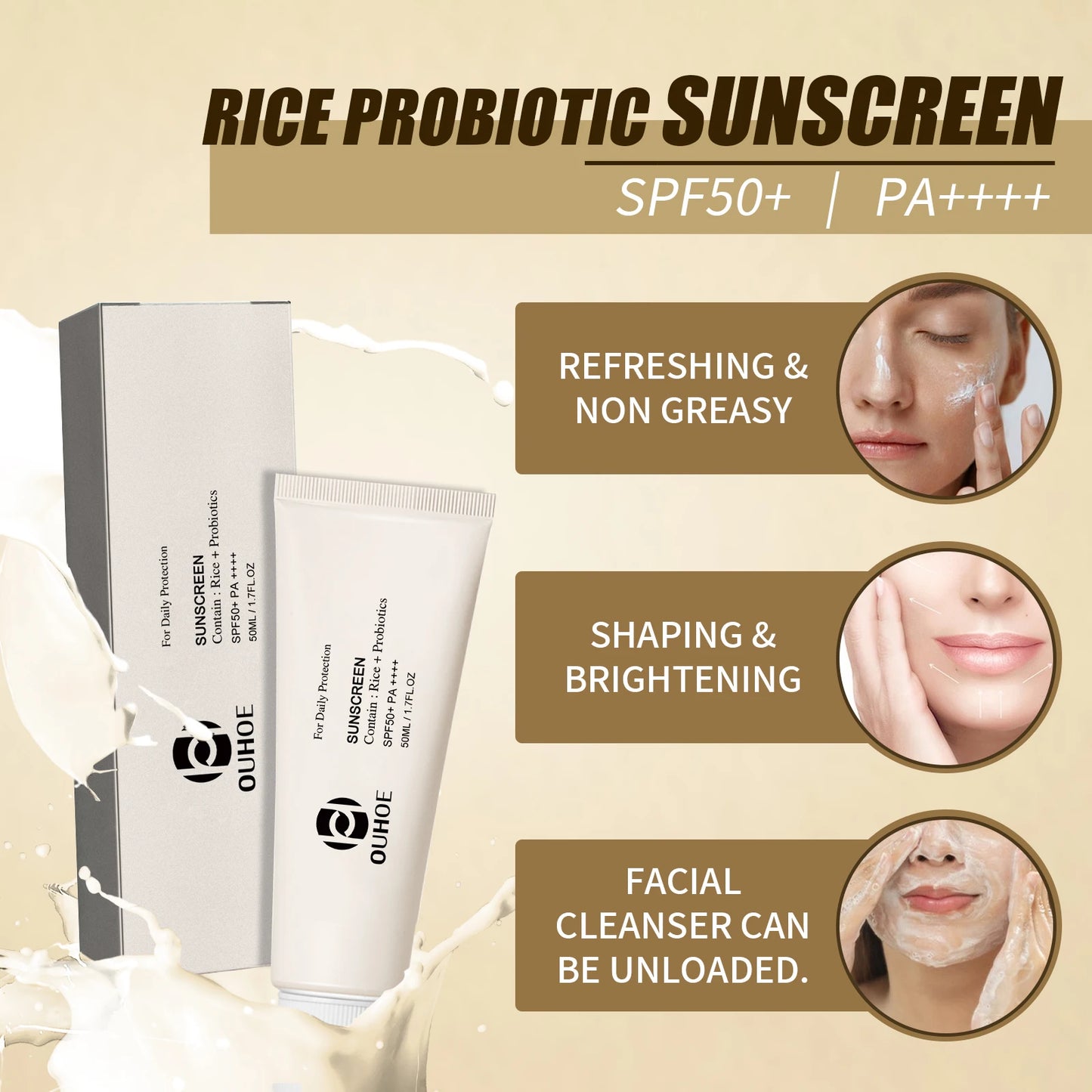 Rice Sunscreen Lotion | Lightweight, Non-Greasy UV Protection for Face & Body | Prevents Sunburn | Skin Care Sunblock | 2pcs