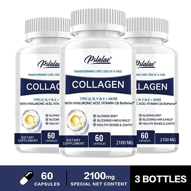 Pslalae | Collagen Capsules with Hyaluronic Acid & Vitamin C | Skin, Hair, Nails, Joints Support | 30/60/120 Capsules