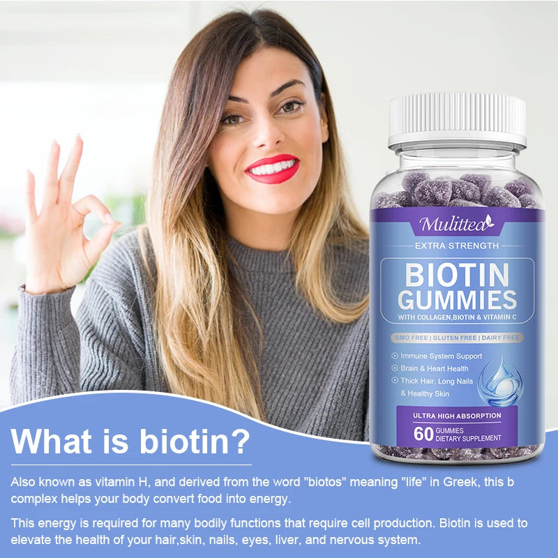 Mulittea | Extra Strength Biotin Gummies with Collagen & Vitamin C | Hair, Nails, Skin & Immune Support | 60 Gummies