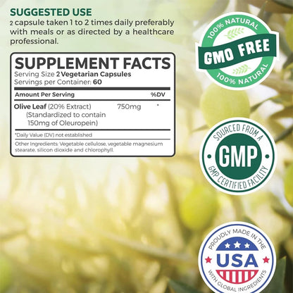 Pslalae | Olive Leaf Extract 750mg (20% Oleuropein) | Antioxidant & Immune Support