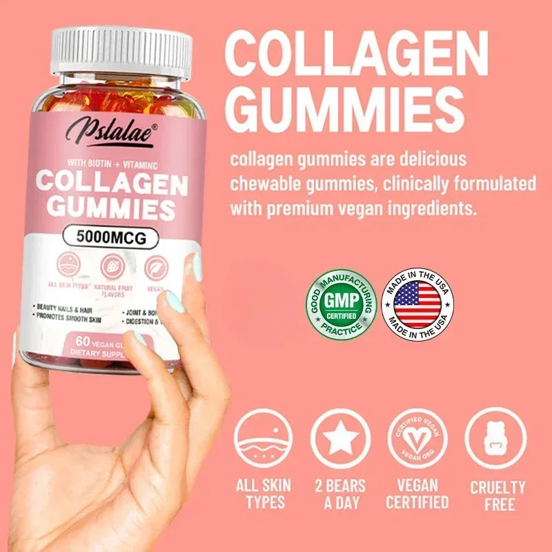 Pslalae | Collagen Gummies with Vitamin C & Biotin | Hair, Nails, Smooth Skin, Joint & Bone Health | 60 Vegan Gummies