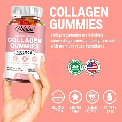 Pslalae | Collagen Gummies with Vitamin C & Biotin | Hair, Nails, Smooth Skin, Joint & Bone Health | 60 Vegan Gummies