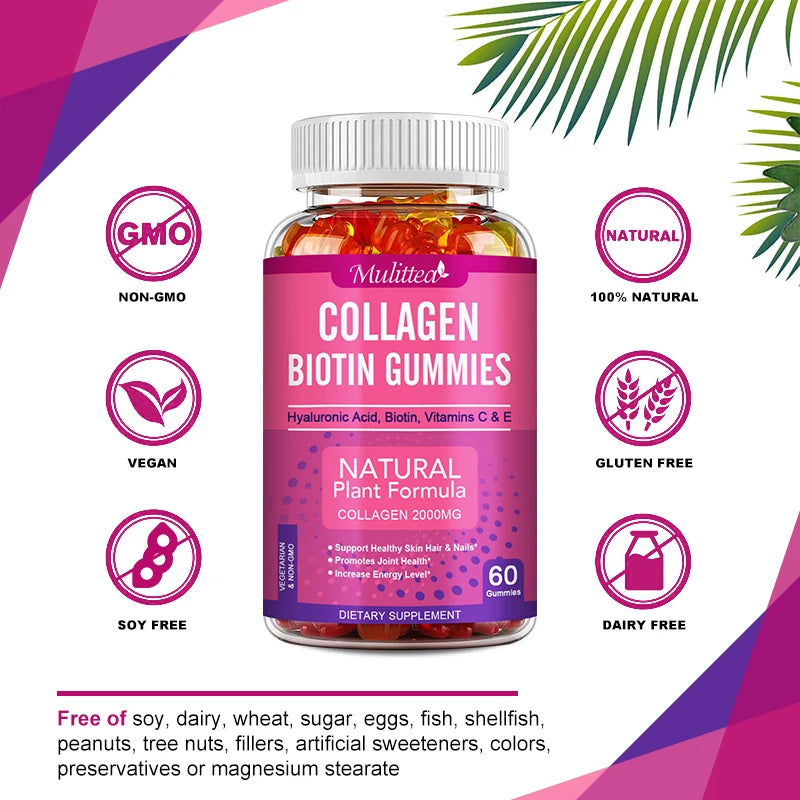 Mulittea | Collagen Biotin Gummies| Hair Growth, Skin Care, Nails, Joint Support | 60 Gummies