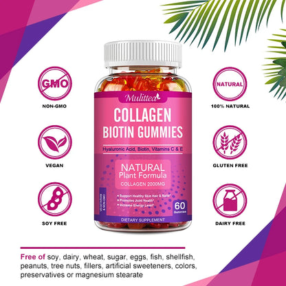 Mulittea | Collagen Biotin Gummies| Hair Growth, Skin Care, Nails, Joint Support | 60 Gummies