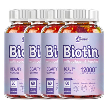 ZHPHK | Biotin with Collagen & Keratin Beauty Gummies | 12,000 mcg for Stronger Hair, Radiant Skin & Nail Strength | 60/120/240 Gummies