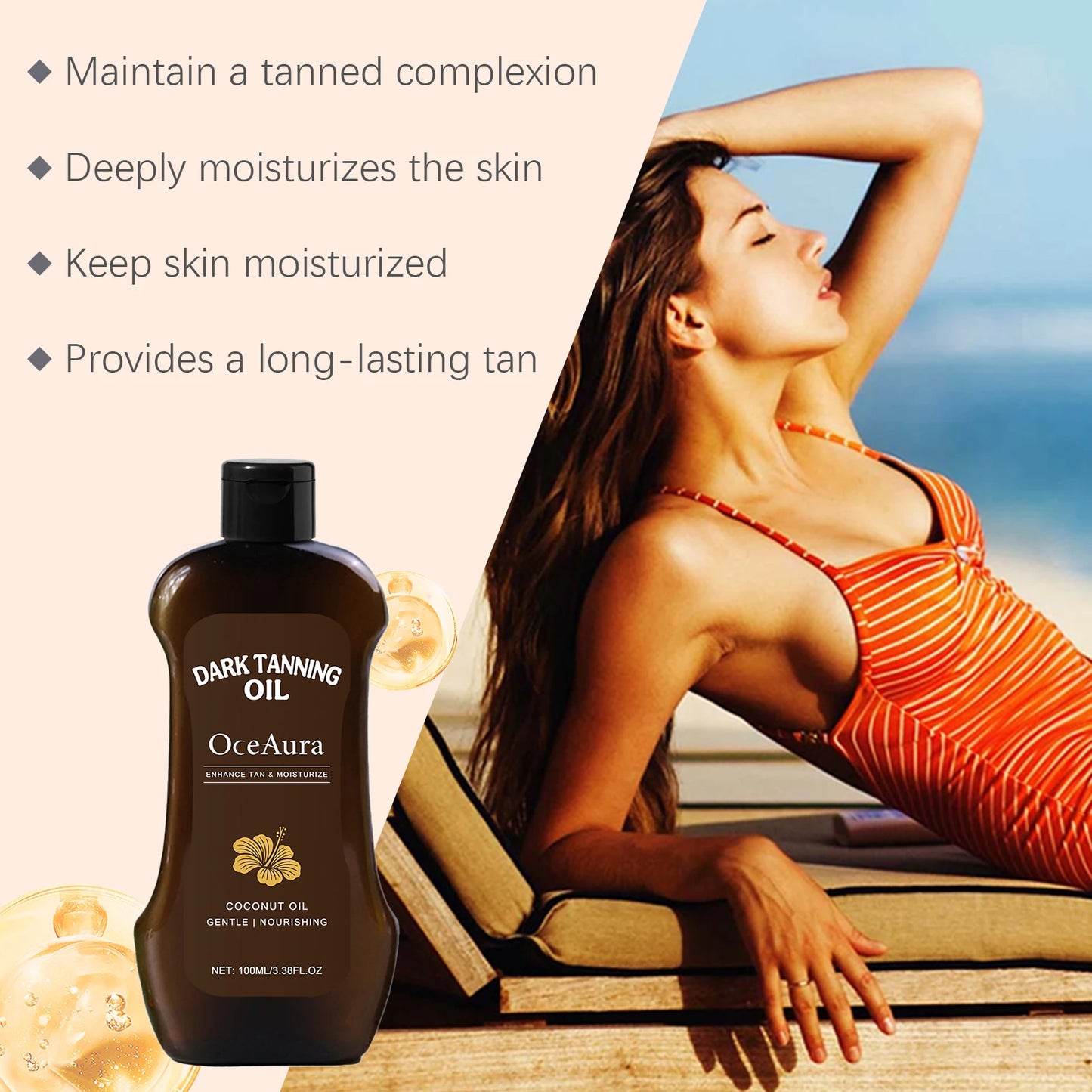 OCEAURA Coconut Dark Tanning Oil Long Lasting Bronzer Outdoor Summer Beach Brown Long Lasting Sunless Fake Tan Body Lotion 100m