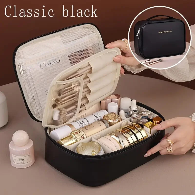 Large Capacity Waterproof PU Cosmetic Bag with Divider, Portable Travel Cosmetic Toiletry Storage Bag, Cosmetic Travel Bag  ...