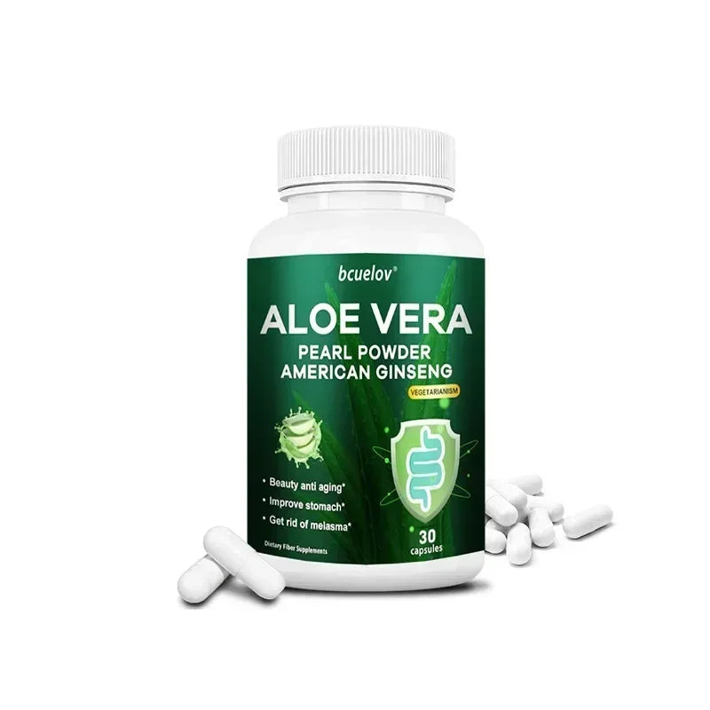 Bcuelov | Aloe Vera Capsules with Pearl Powder & Ginseng | Fat Burn, Detox, Digestion, Skin & Immune Support | 120 Capsules