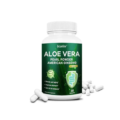 Bcuelov | Aloe Vera Capsules with Pearl Powder & Ginseng | Fat Burn, Detox, Digestion, Skin & Immune Support | 120 Capsules
