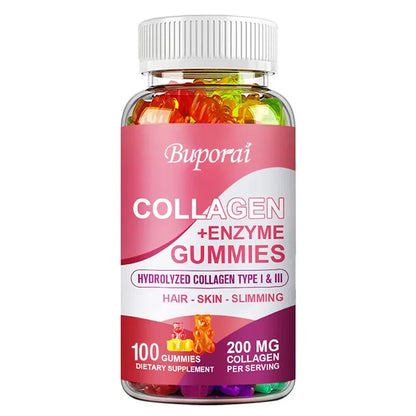 Buporai | Collagen + Enzyme Gummies with Biotin | Hair Growth, Skin Care, Nails, Bone & Joint Support | 100 Gummies