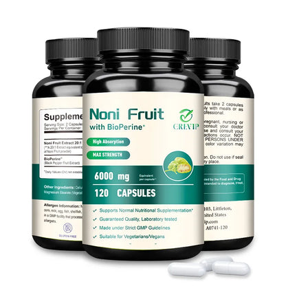 GREVIP | Noni Fruit with BioPerine® 6000mg | Immunity, Skin Health, Energy, Endurance | 60 Capsules