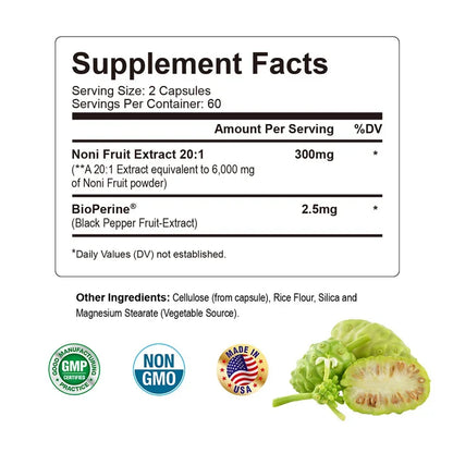 GREVIP | Noni Fruit with BioPerine® 6000mg | Immunity, Skin Health, Energy, Endurance | 60 Capsules