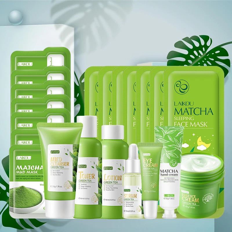 Green Tea & Sakura Skincare Kit | Korean Cosmetics for Women | Moisturizing, Acne Care & Exfoliating Face Set
