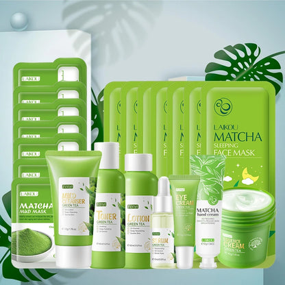 Green Tea & Sakura Skincare Kit | Korean Cosmetics for Women | Moisturizing, Acne Care & Exfoliating Face Set
